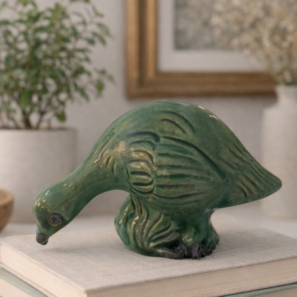 Vintage Green Glazed Pottery Bird Sculpture Signed Art Pottery‎ Figurine Decor